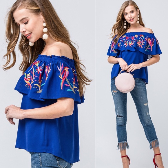Embroidered Off Shoulder Ruffle Top | Royal Blue - Picture 5 of 5